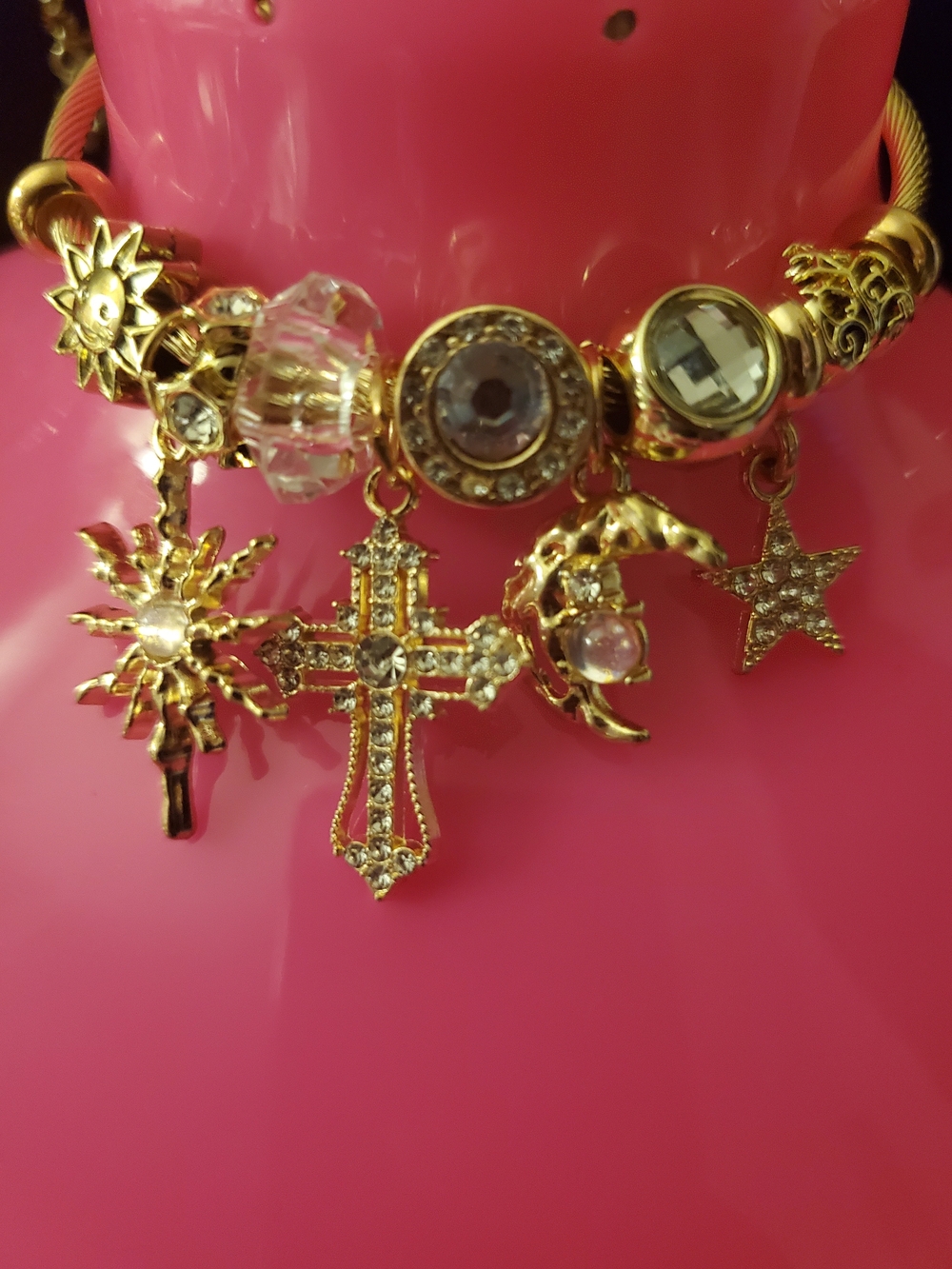 Gold Charm Bracelet with Crystal Cross & Celestial Charms - Gold (new)